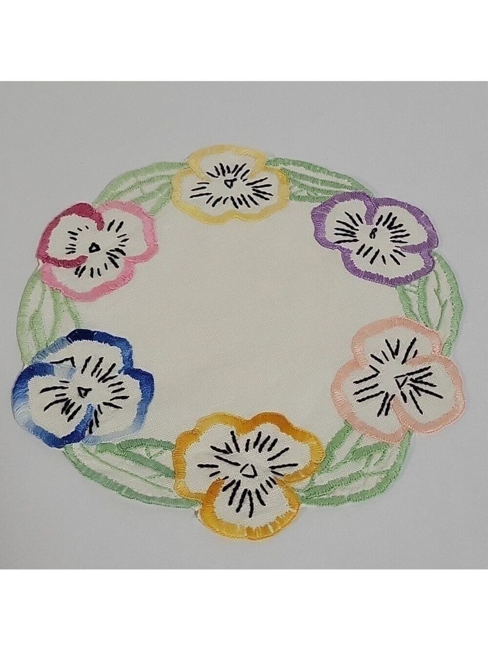 Vintage Hand-Embroidered Pansy Doily 9.25"